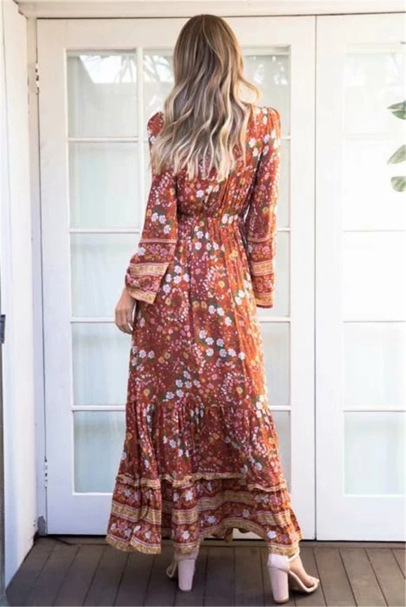 KAVAW - Tassel Floral V-neck Maxi Dress