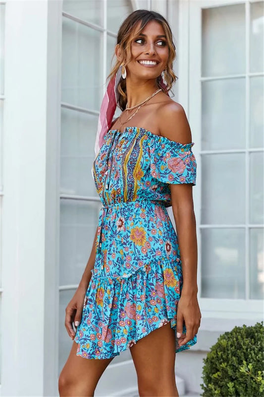 KAVAW - Off Shoulder Floral Boho Mini Dress