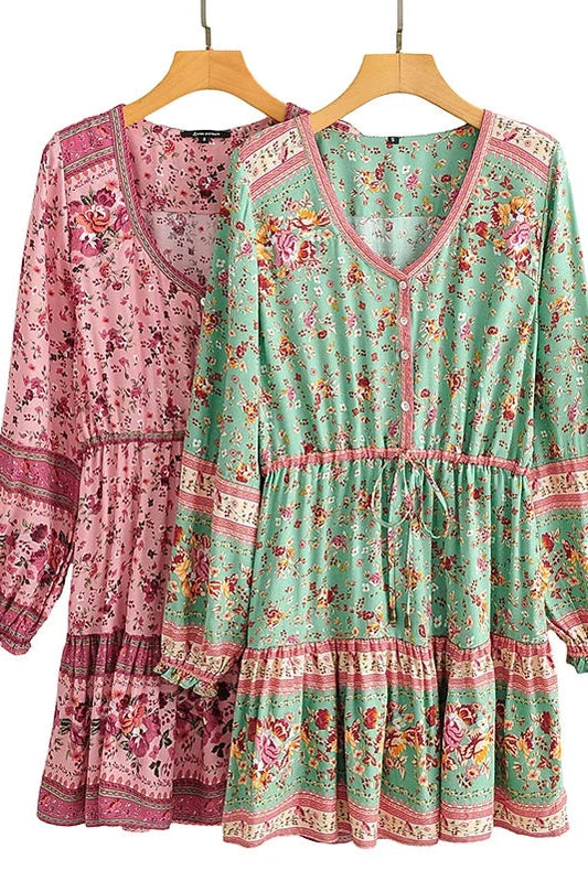 KAVAW - Tie Neck Floral Cotton Boho Mini Dress