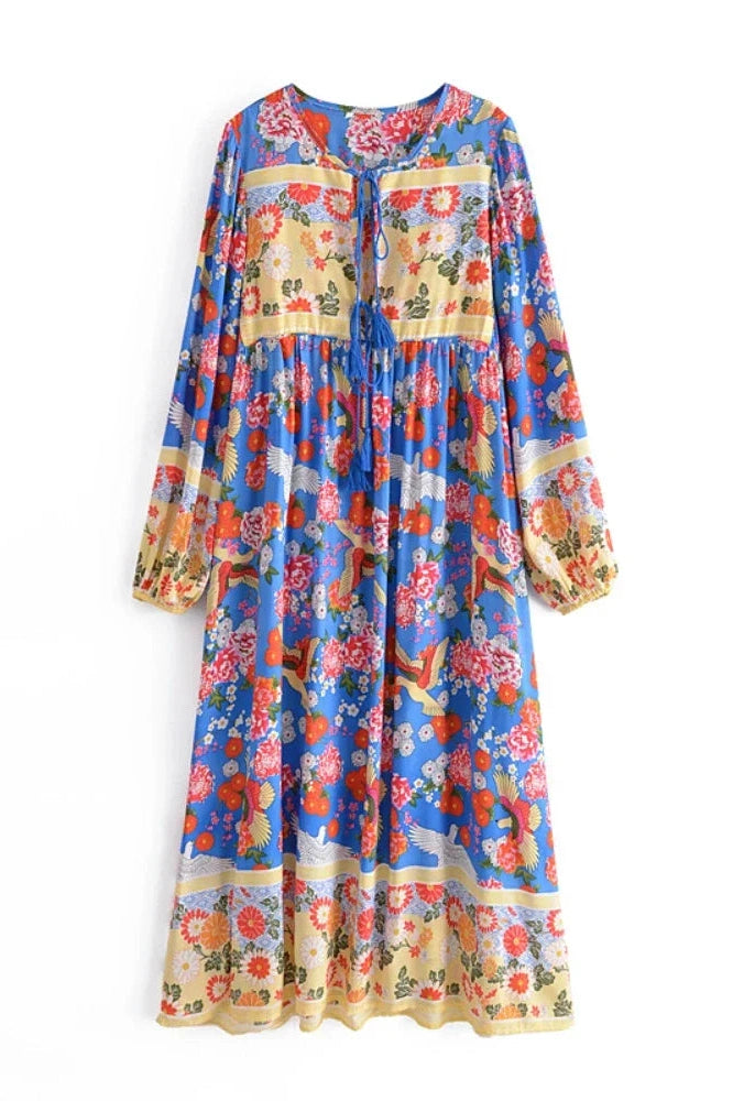 KAVAW - Tie Neck Ethnic Floral Maxi Dress