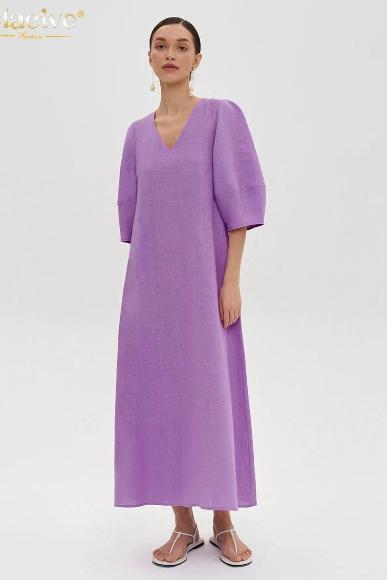 KAVAW - Elegant V-Neck Cotton Maxi Dress