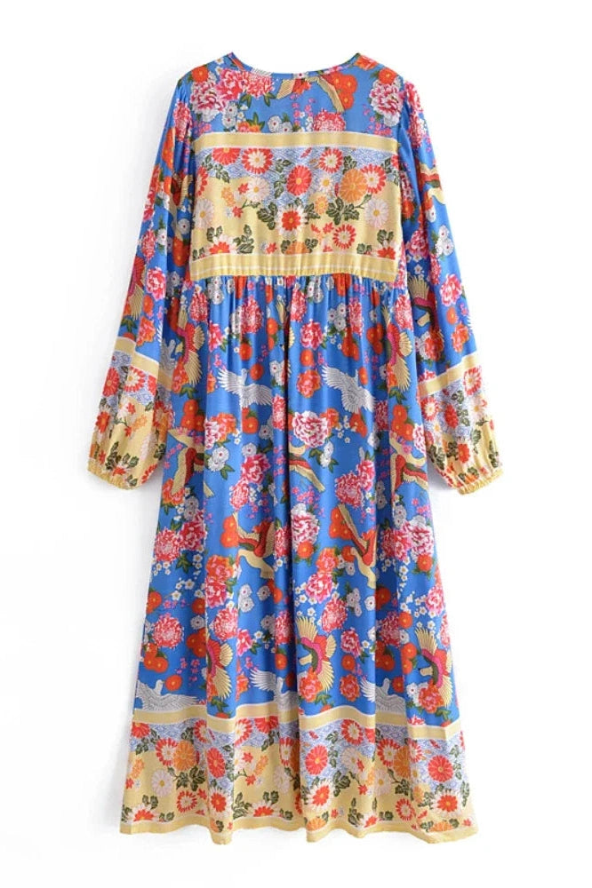 KAVAW - Tie Neck Ethnic Floral Maxi Dress