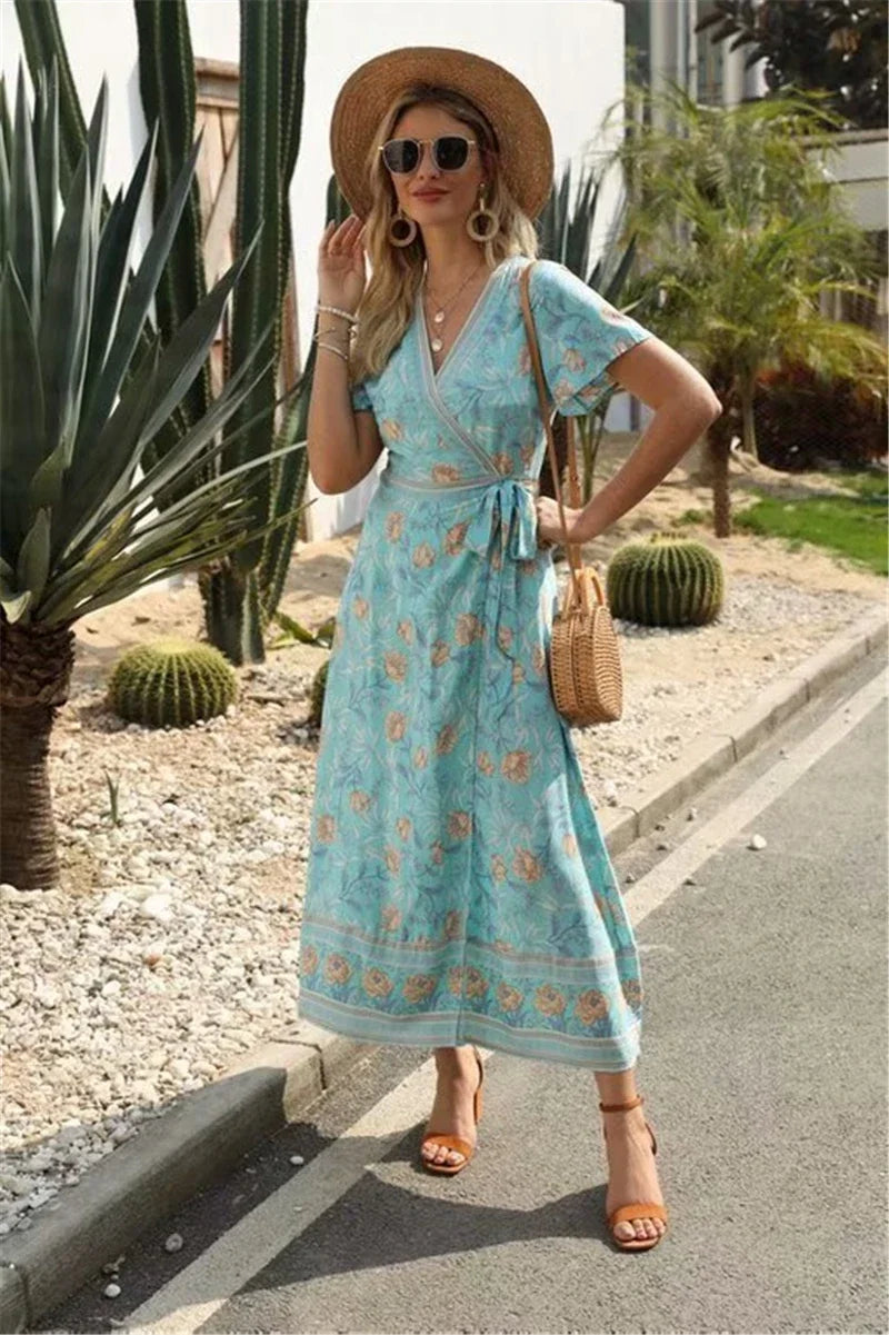 KAVAW - Floral Wrap V-neck Maxi Dress