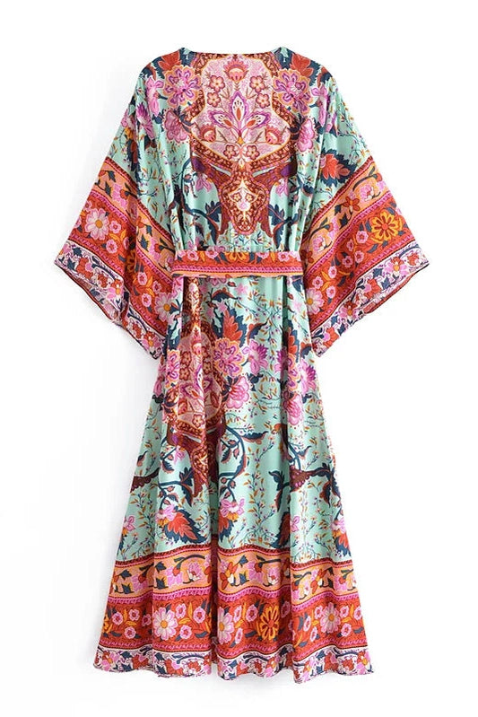 KAVAW - Peacock Floral V-neck Maxi Dress