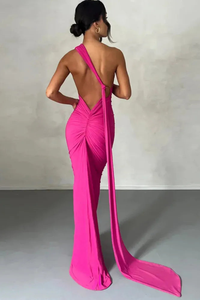 KAVAW - Oblique Shoulder Backless Maxi Dress