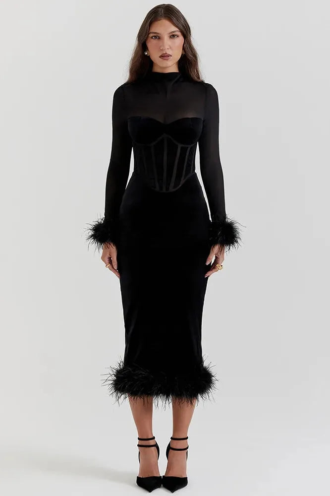 KAVAW - Elegant Feather Midi Dress