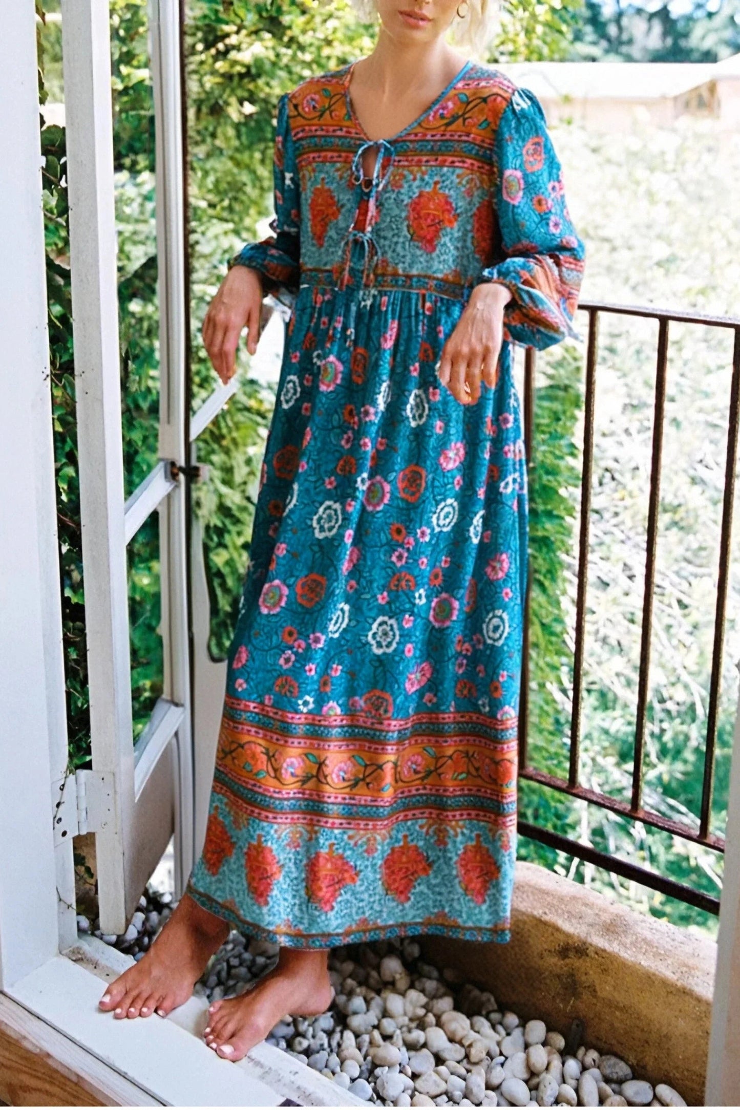 KAVAW - Tie Neck Ethnic Floral Maxi Dress