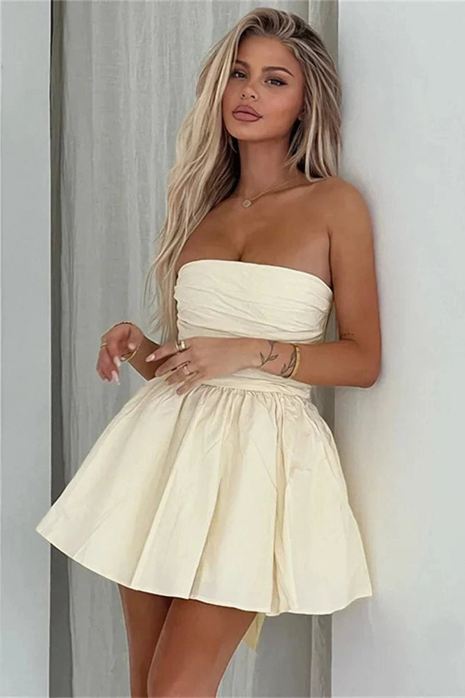 KAVAW - Tee Bow Bandeau Pleated Mini Dress