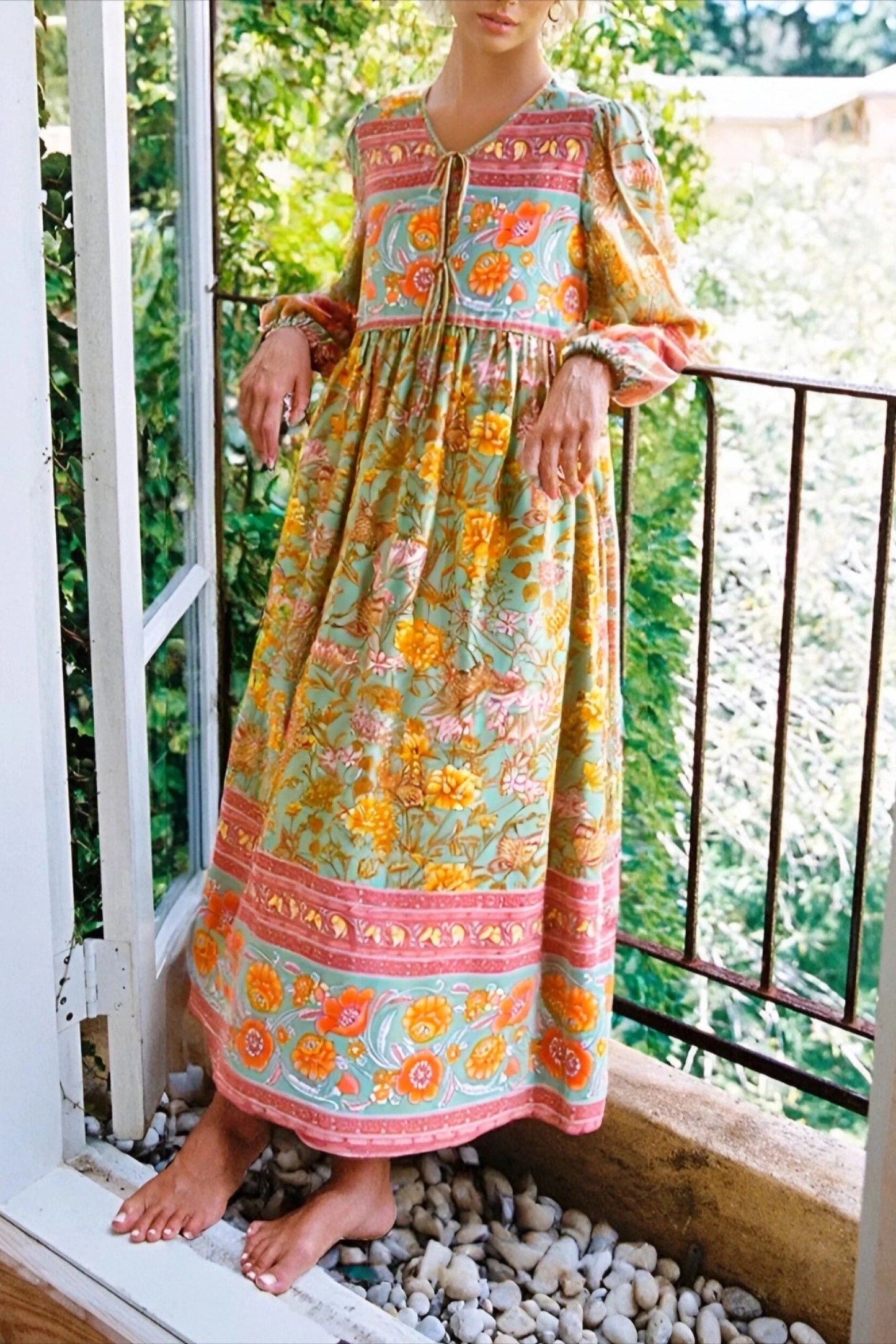 KAVAW - Tie Neck Floral Boho Maxi Dress