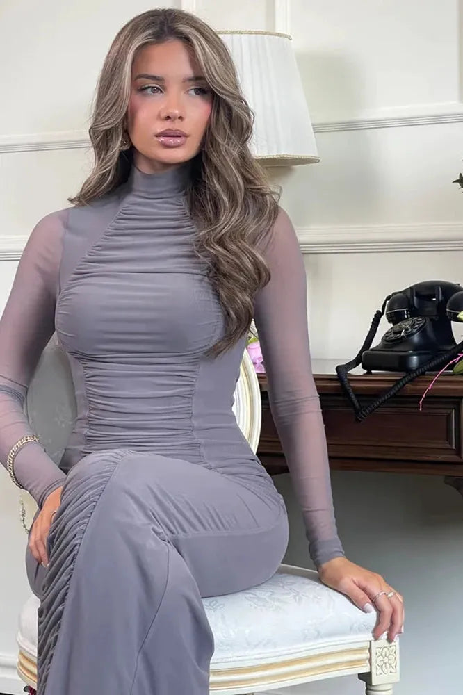 KAVAW - Turtleneck Mesh Bodycon Maxi Dress