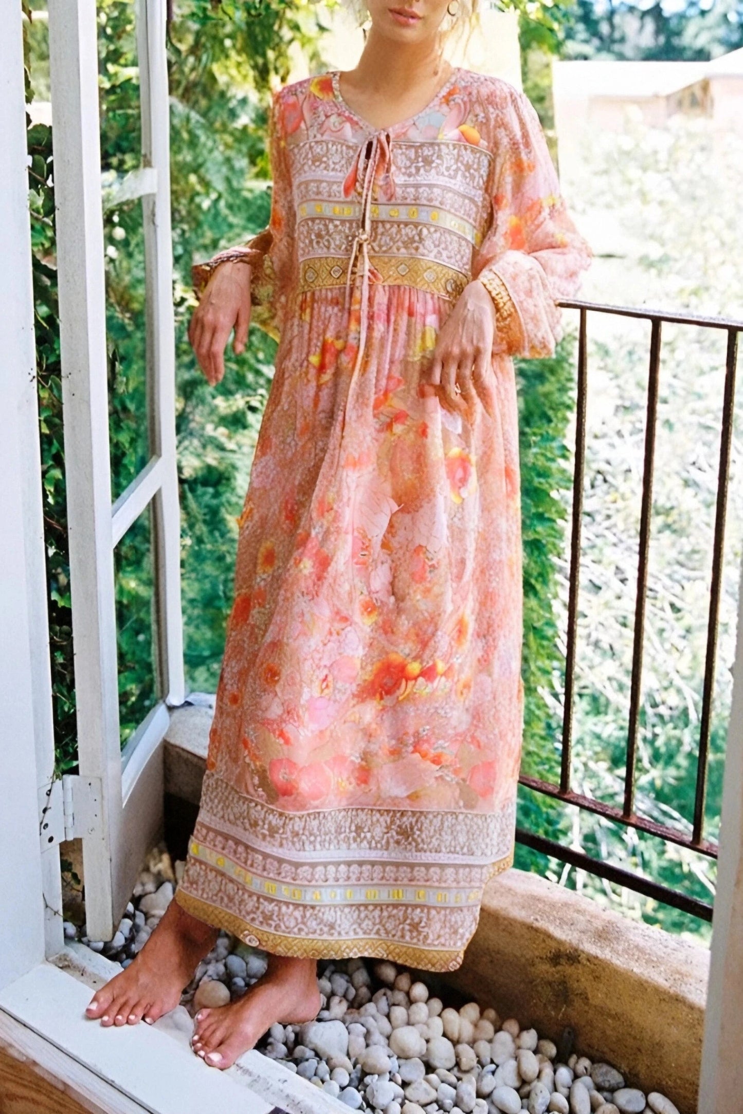 KAVAW - Lantern Sleeve Ethnic Floral Maxi Dress