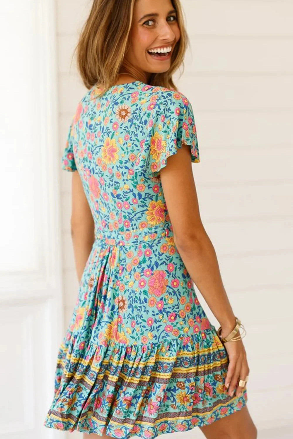 KAVAW - Floral V-neck Boho Mini Dress