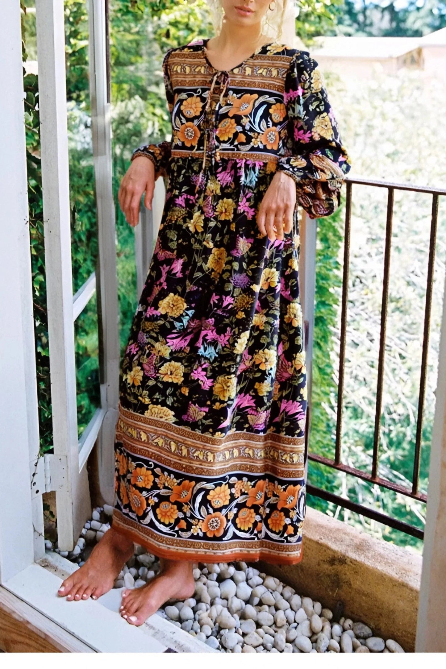 KAVAW - Tie Neck Floral Boho Maxi Dress