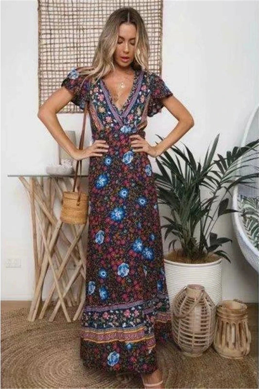 KAVAW - Bat Sleeve Floral Maxi Dress