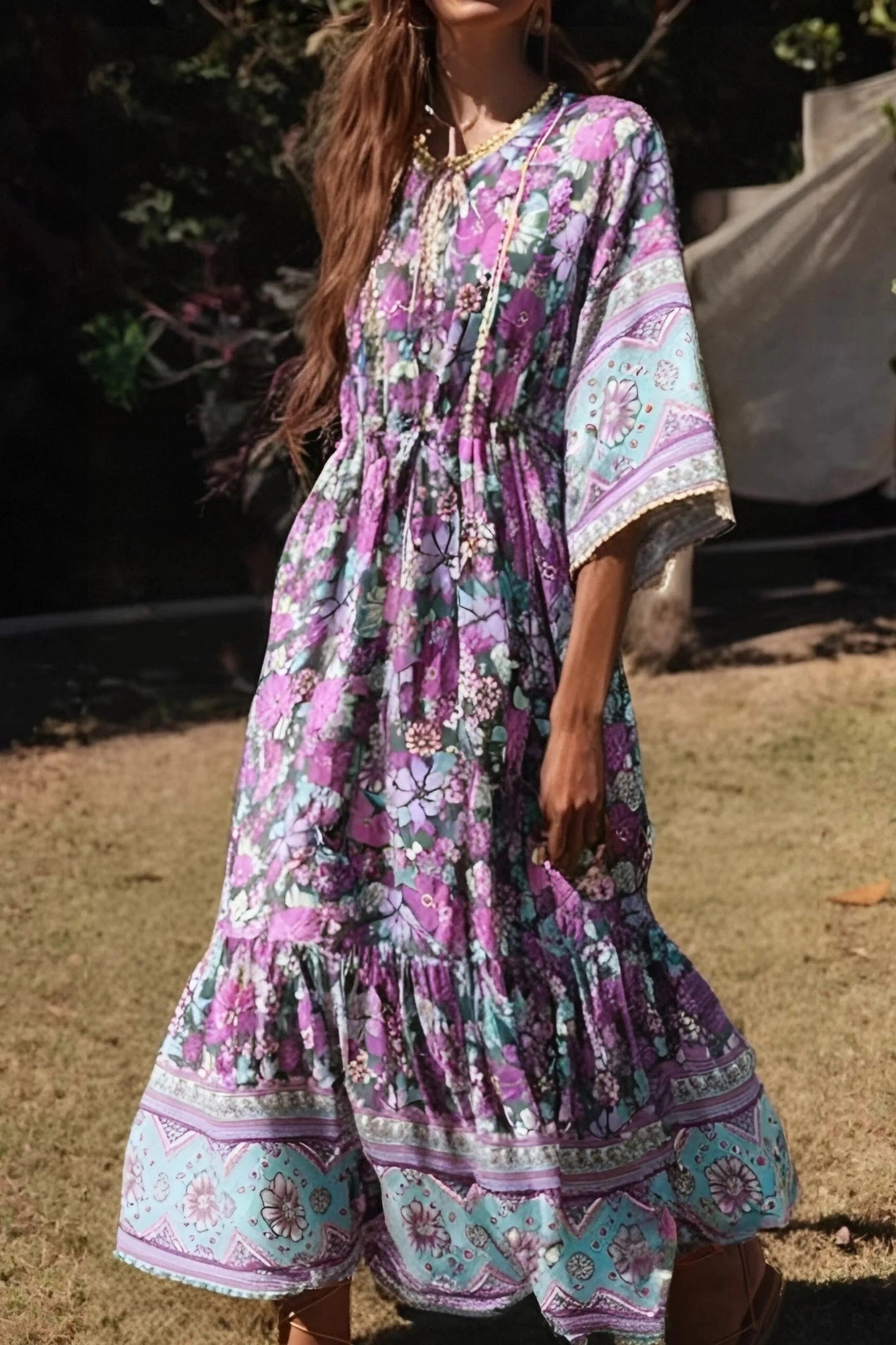 KAVAW - Batwing Sleeve Floral Maxi Dress