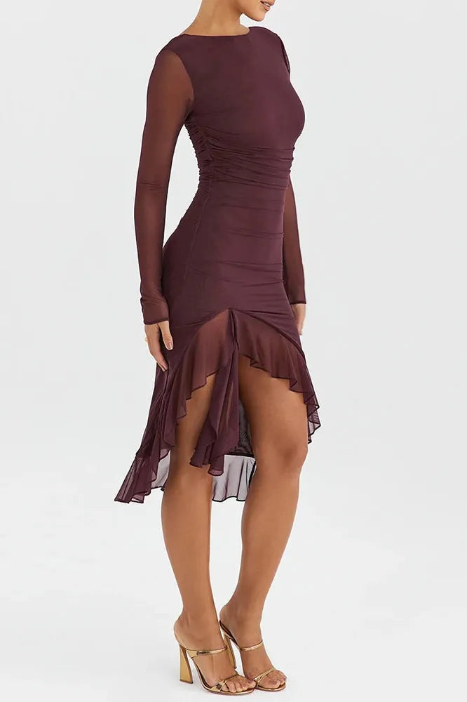 KAVAW - Elegant Ruffle Ruched Midi Dress