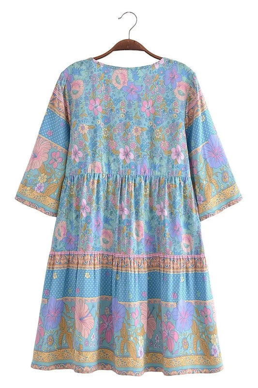 KAVAW - Front Button Floral Boho Mini Dress