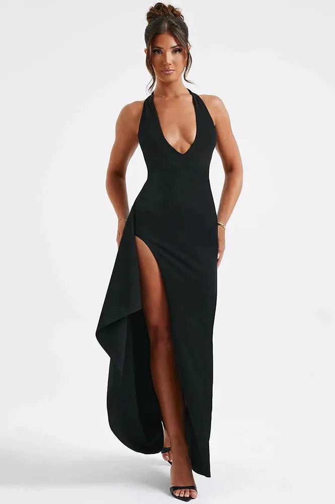 KAVAW - Deep V Neck Thigh High Split Maxi Dress