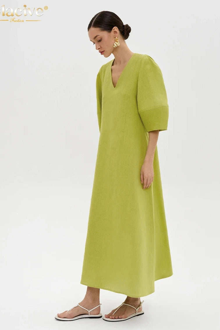 KAVAW - Elegant V-Neck Cotton Maxi Dress