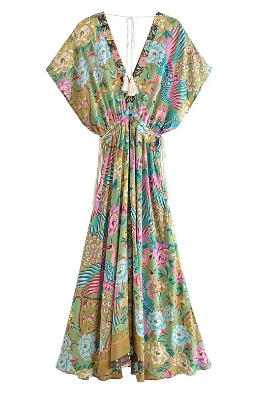 KAVAW - Peacock Floral Bat Sleeve Maxi Dress