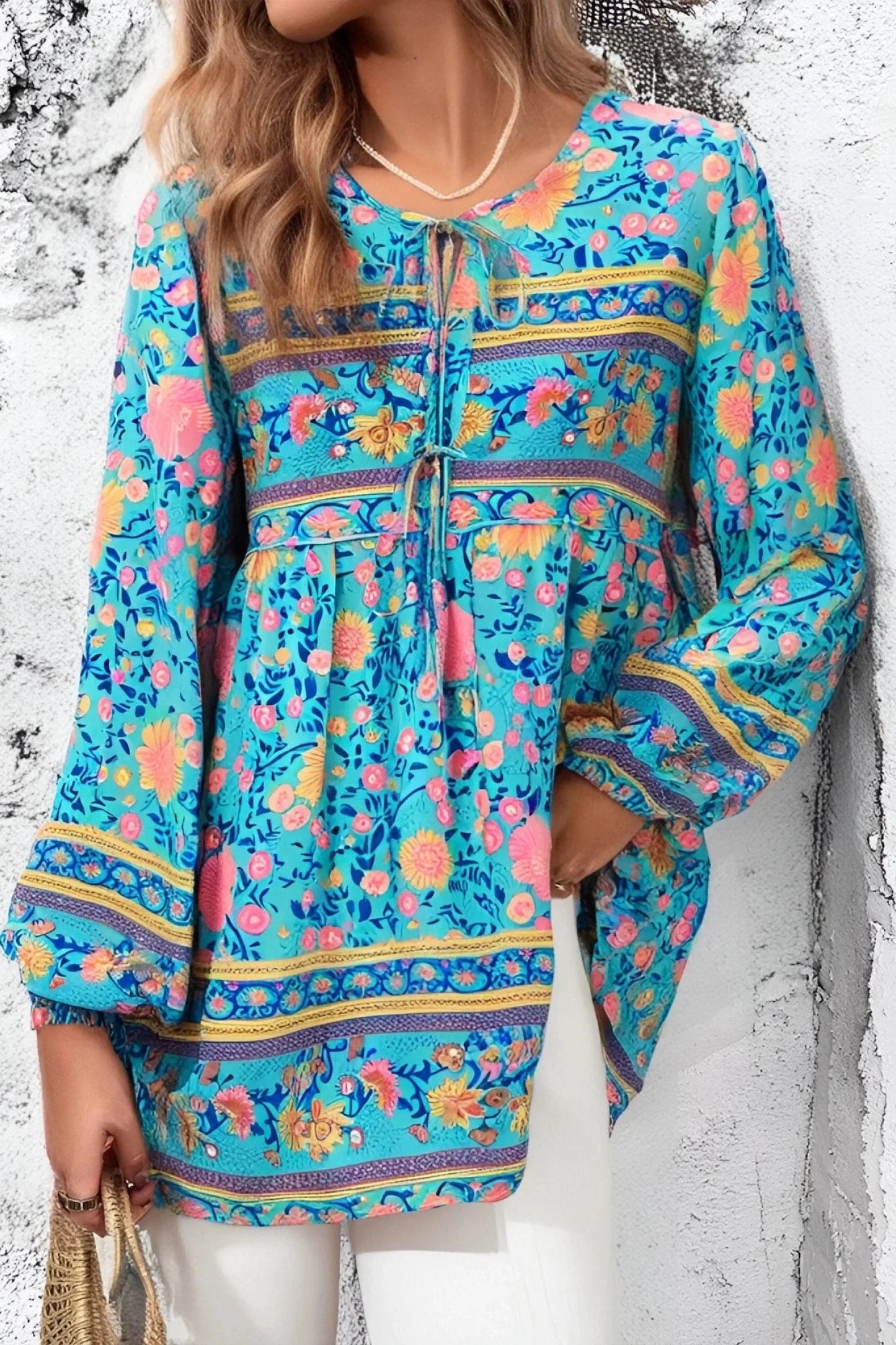 KAVAW - Ethnic Floral Long Sleeve Boho Mini Dress