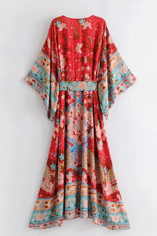 KAVAW - Peacock Floral Bat Sleeve Maxi Dress