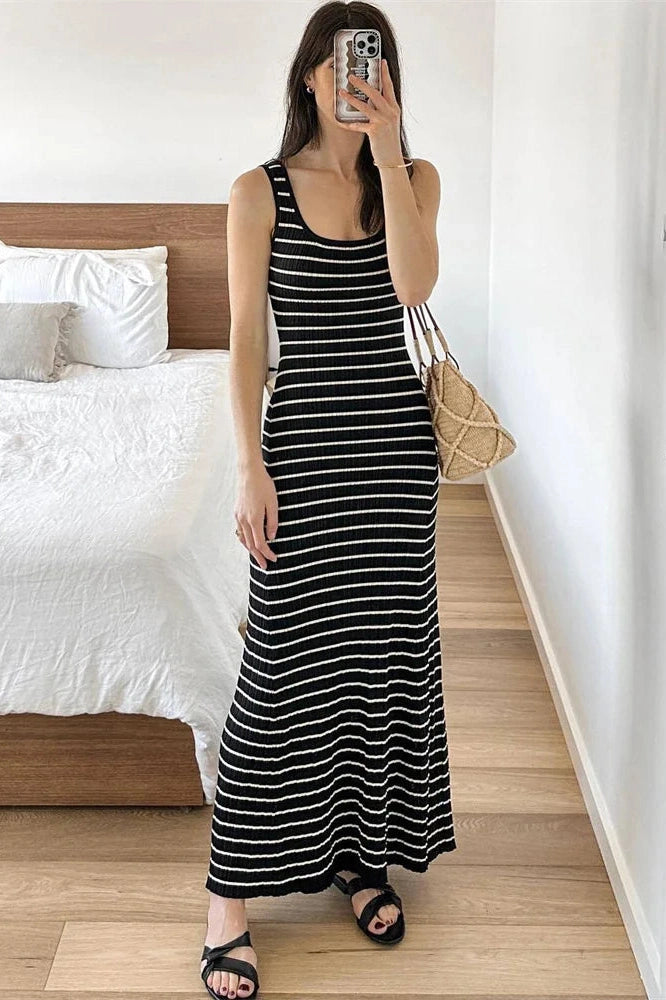 KAVAW - Striped Knit Backless Maxi Dress