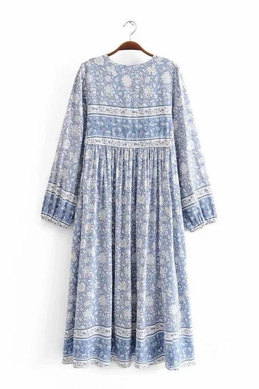 KAVAW - Lace-up Floral Porcelain Maxi Dress