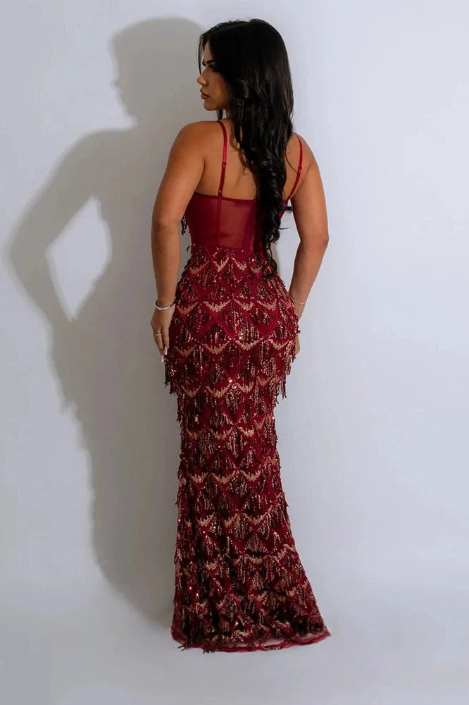 KAVAW - Sleeveless Sequin Halter Maxi Dress