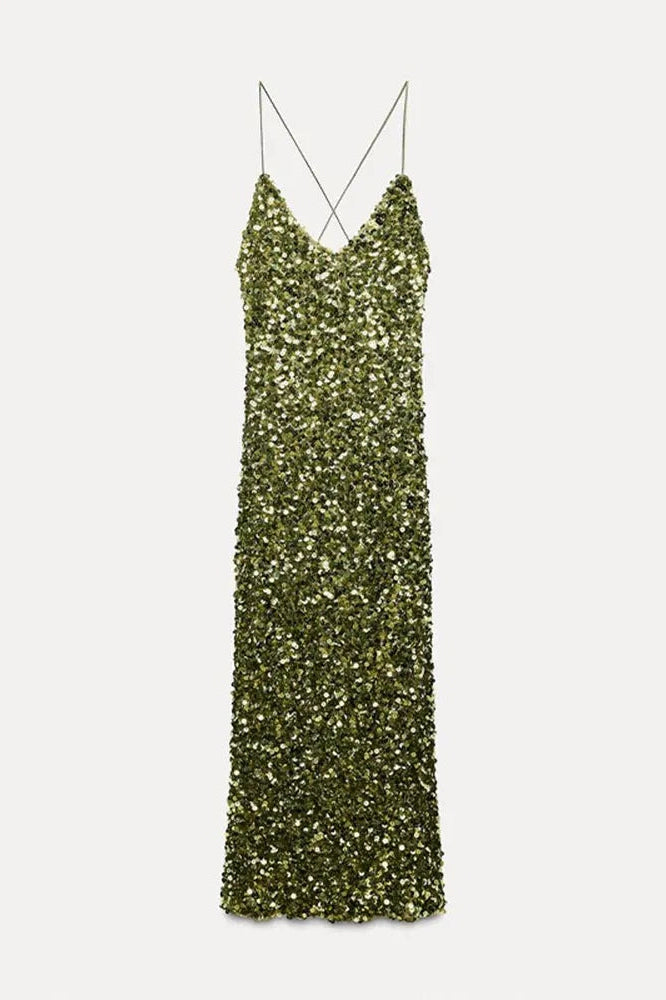 KAVAW - Sequins Backless Cross Tie Straps Maxi Dress