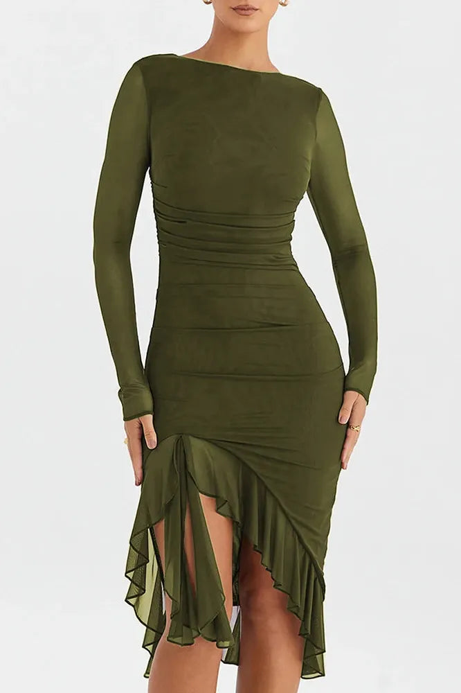 KAVAW - Elegant Ruffle Ruched Midi Dress