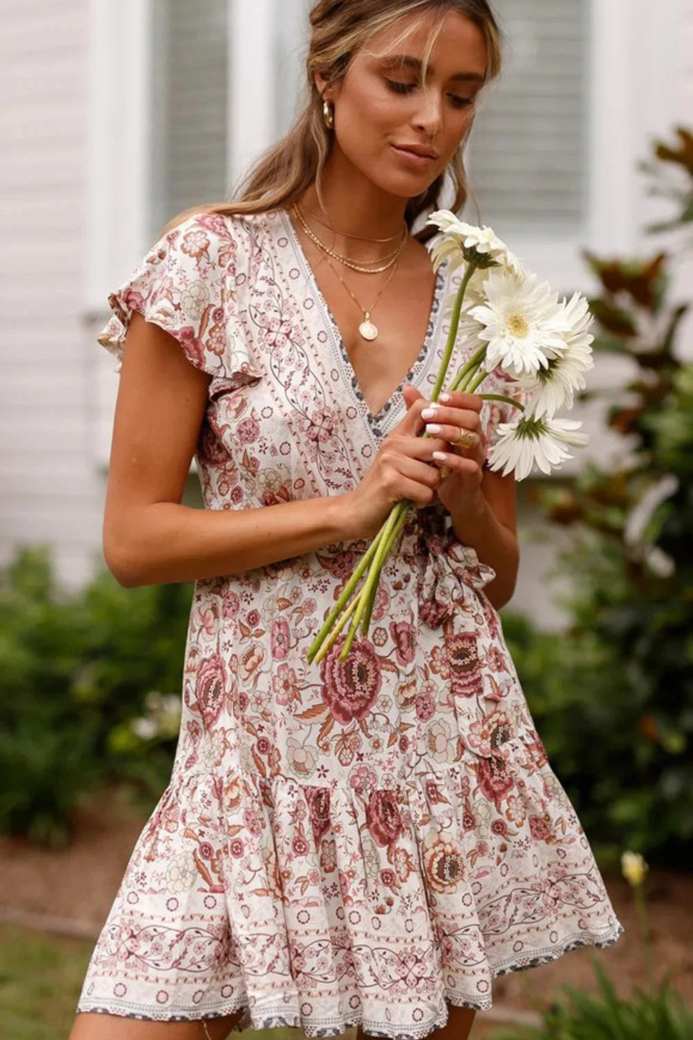 KAVAW - Floral V-neck Boho Mini Dress