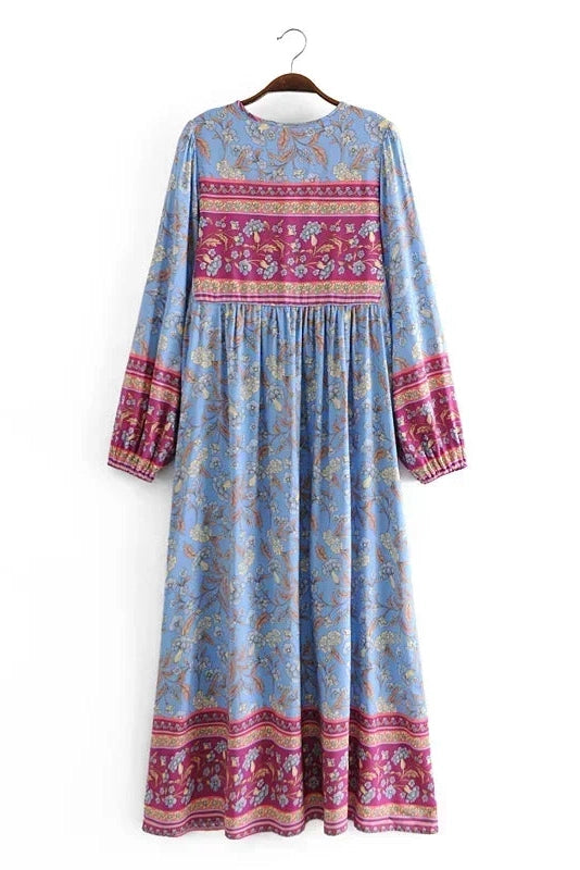 KAVAW - Long Sleeve Ethnic Floral V-neck Maxi Dress