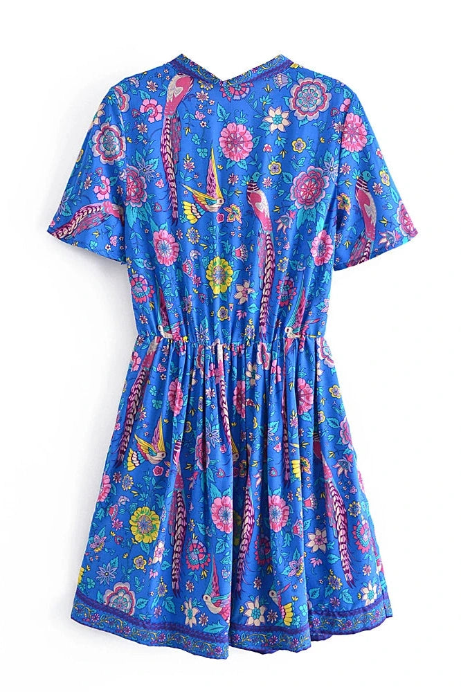 KAVAW - Peacock Floral V-neck Boho Mini Dress