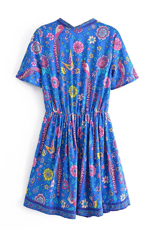 KAVAW - Peacock Floral V-neck Boho Mini Dress