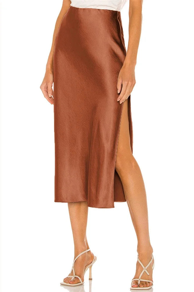 KAVAW - High Waist Satin Patchwork Midi Skirt Dress