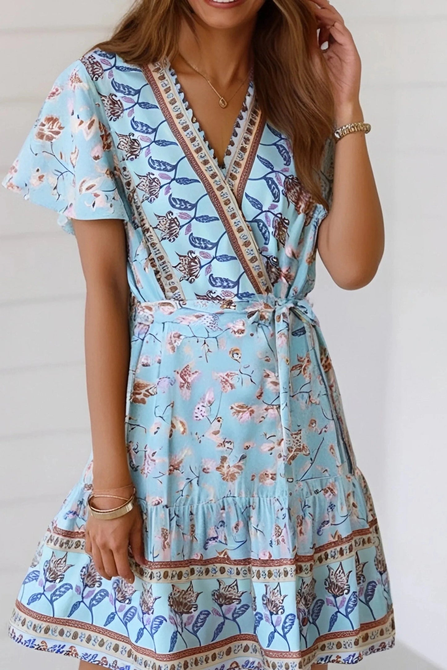 KAVAW - V-neck Floral Sash Mini Dress