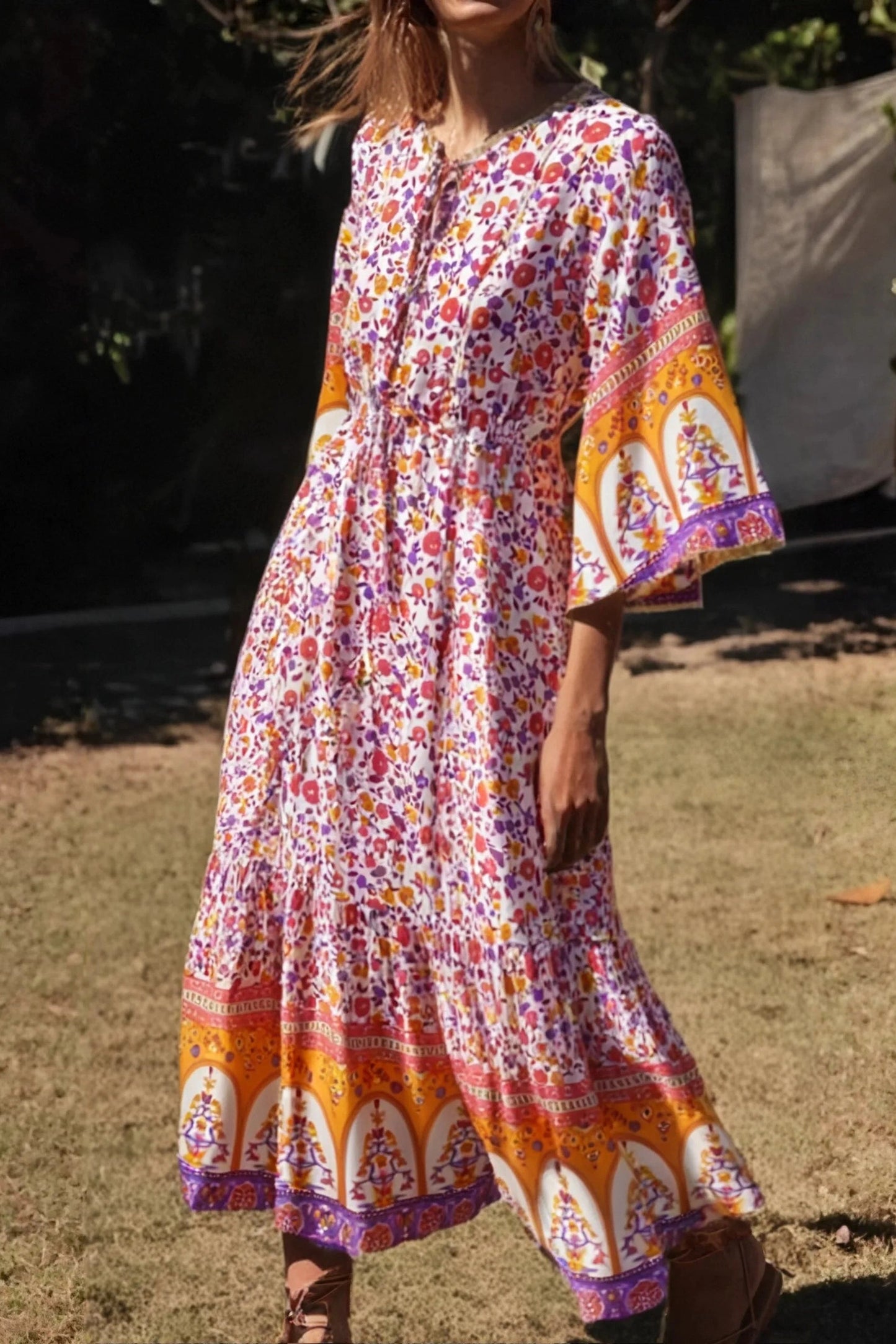 KAVAW - Batwing Sleeve Floral Boho Maxi Dress