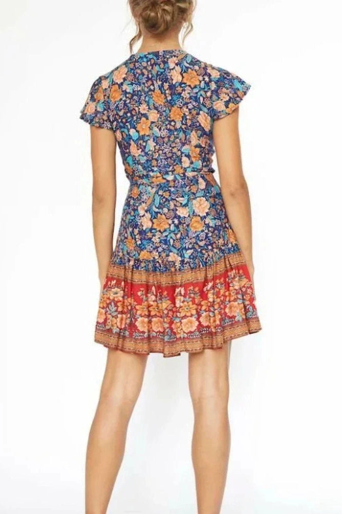 KAVAW - V-neck Rayon Floral Boho Mini Dress