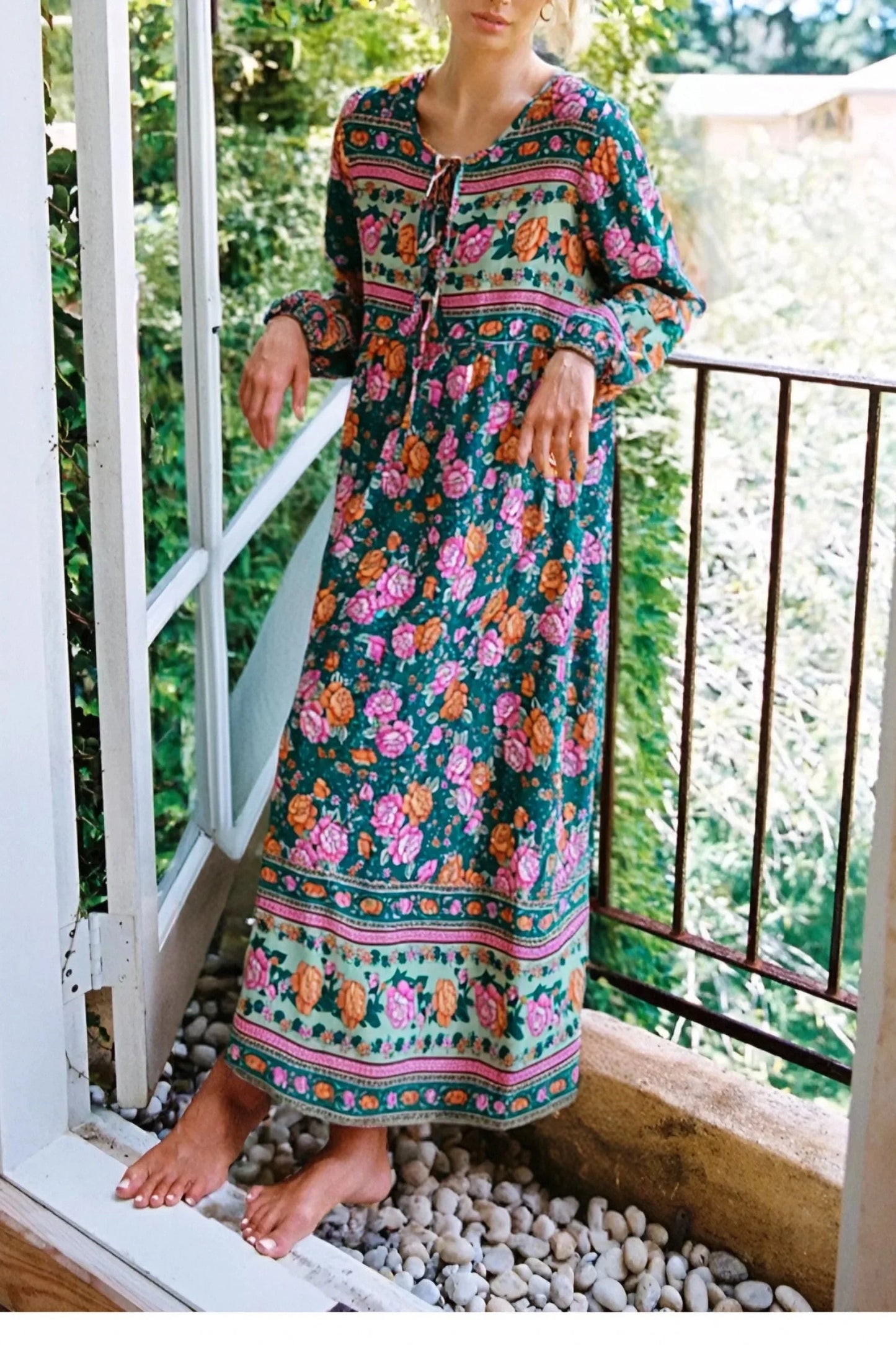 KAVAW - Long Sleeve Tie Neck Ethnic Floral Maxi Dress