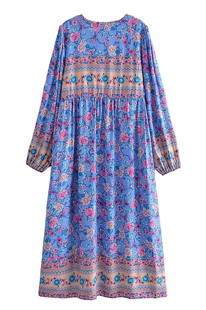 KAVAW - Floral Tie Neck Boho Maxi Dress