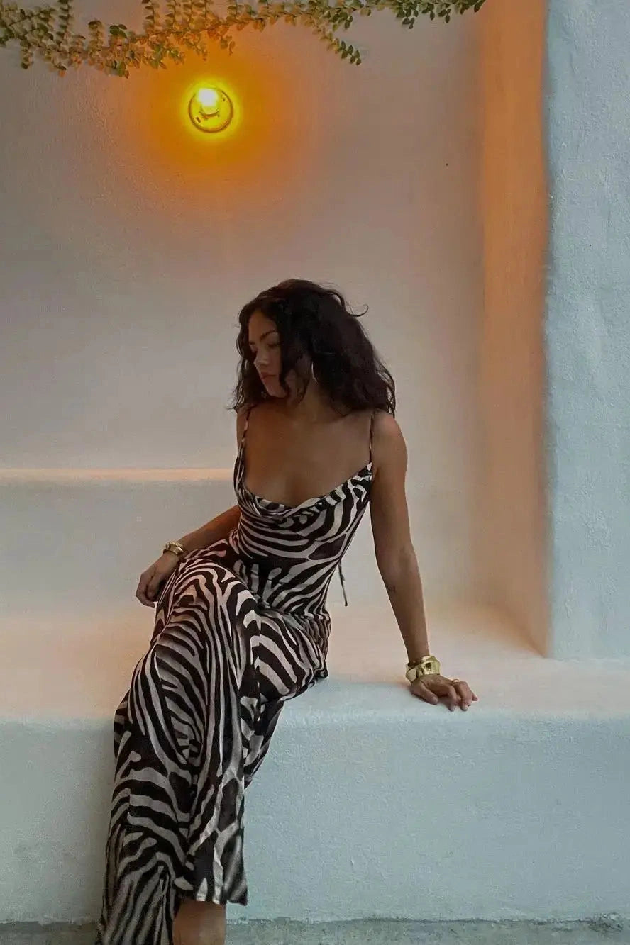 KAVAW - Leopard Zebra Print Strap Maxi Dress