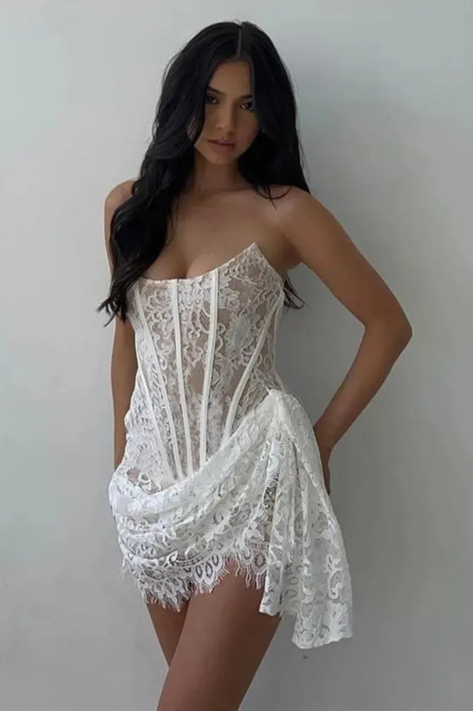 KAVAW - Lace Strapless Ruched Mini Dress