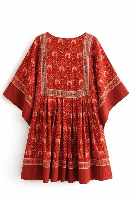 KAVAW - Floral O-neck Boho Mini Dress