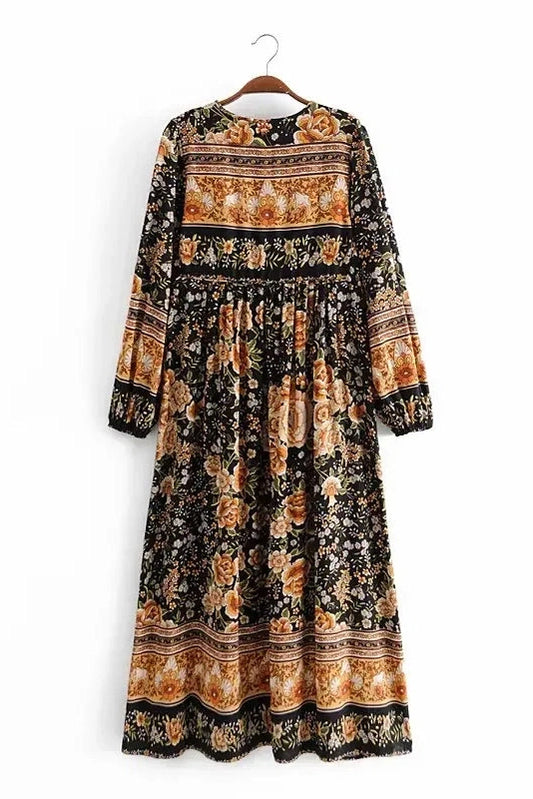 KAVAW - Tie Neck Ethnic Floral Maxi Dress