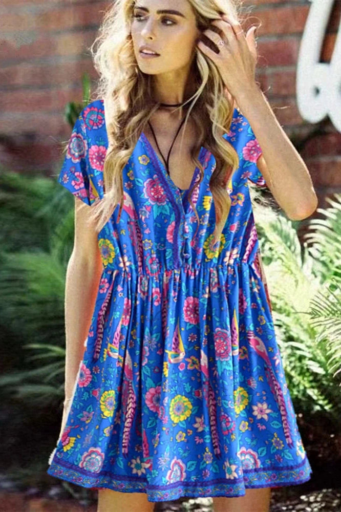 KAVAW - Peacock Floral V-neck Boho Mini Dress