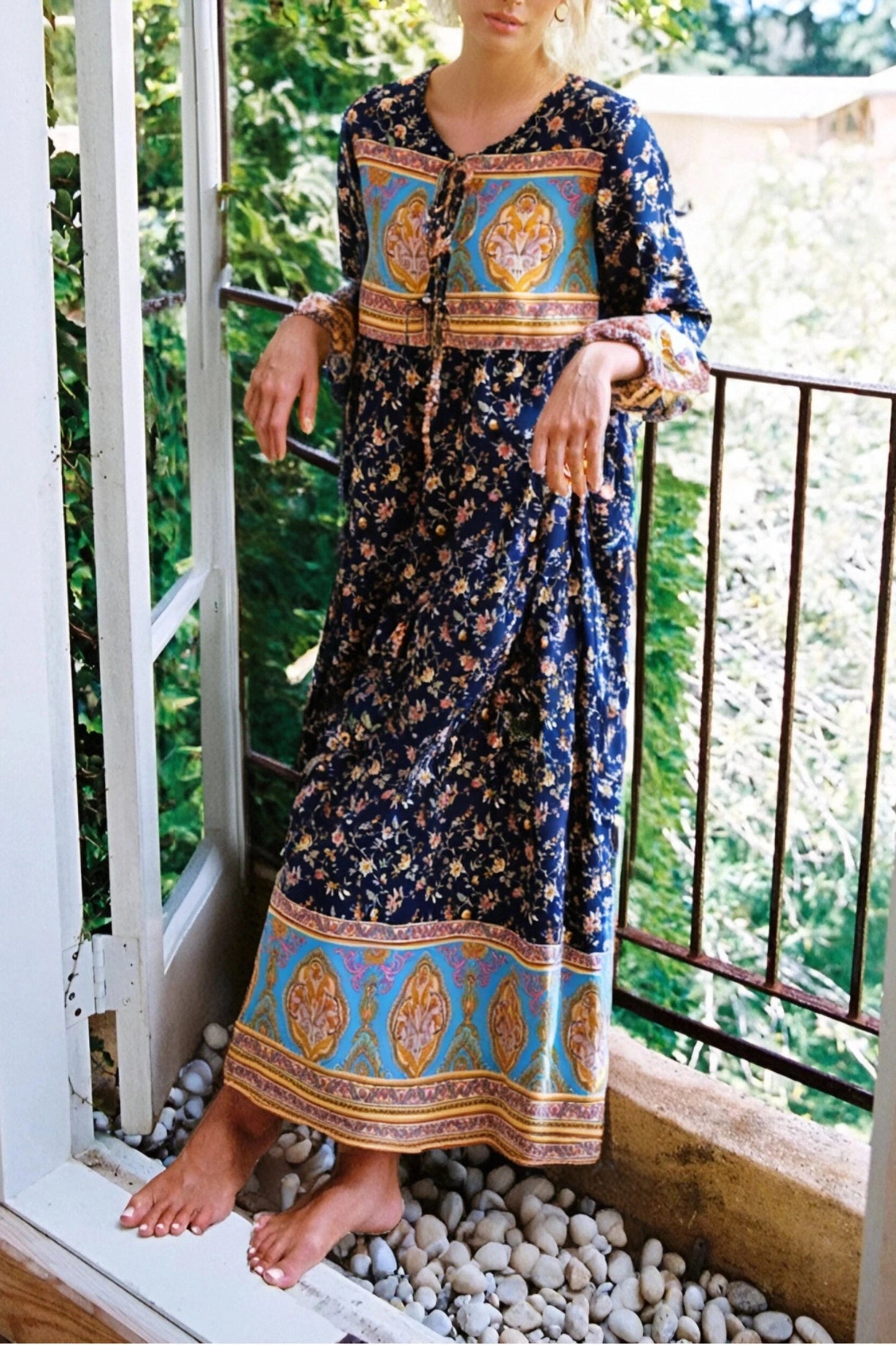 KAVAW - Long Sleeve Tie Neck Floral Maxi Dress