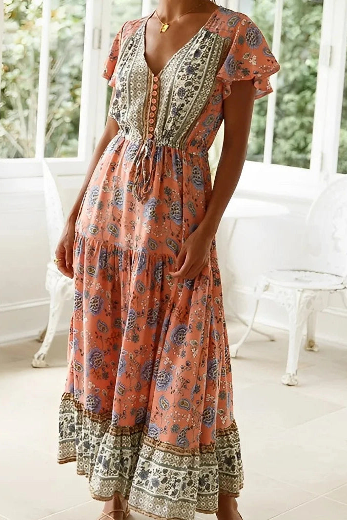 KAVAW - Floral Sleeve Boho Maxi Dress