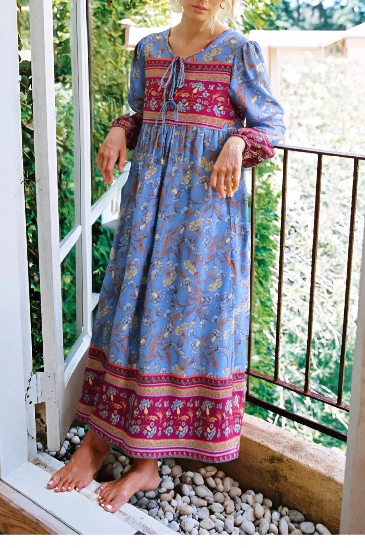 KAVAW - Long Sleeve Ethnic Floral V-neck Maxi Dress