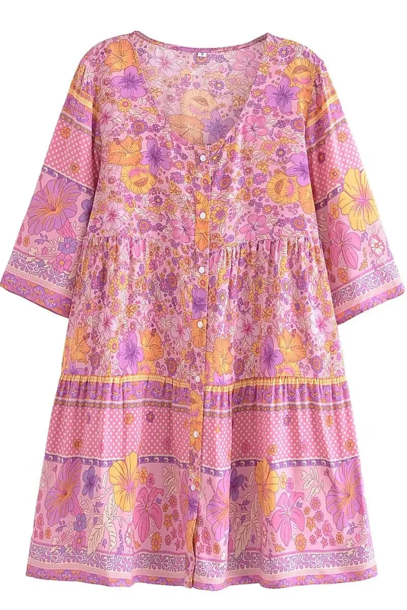 KAVAW - Front Button Floral Boho Mini Dress